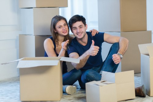 Packed household goods prepared for transport on a removal service